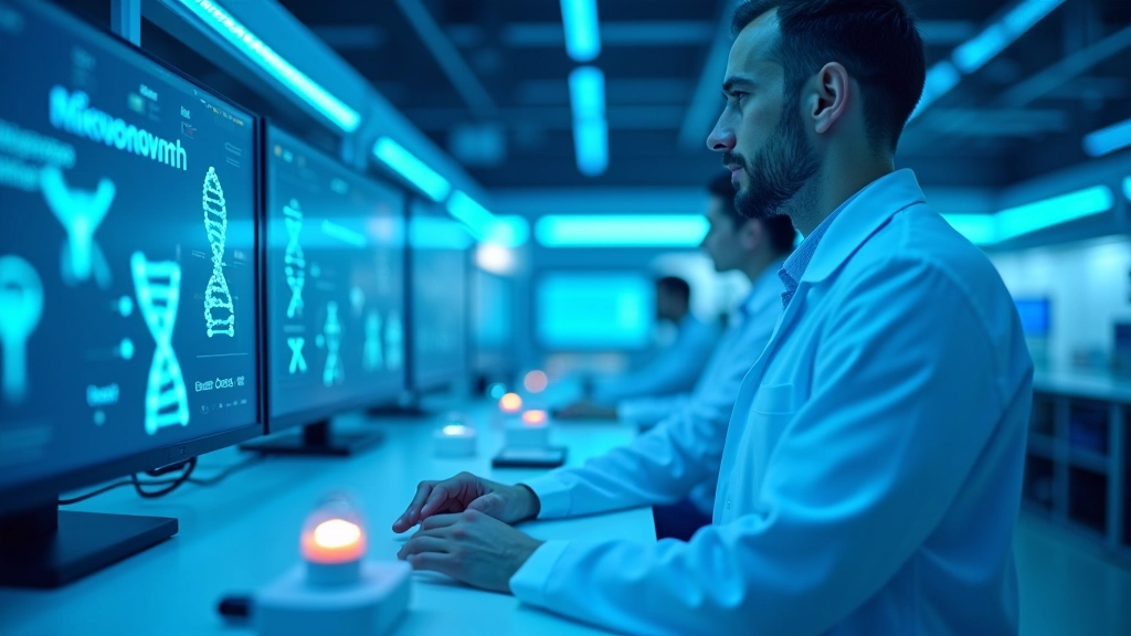 Modern biyoteknoloji laboratuvarı, DNA helix görseli ve bilim insanları çalışıyor, fütüristik ışıklandırma