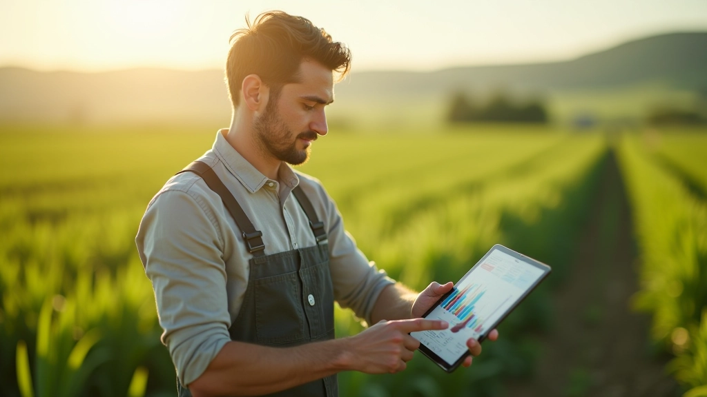 Dijital tarım: tablet ve yazılım arayüzüyle tarla yönetimi yapan modern çiftçi
