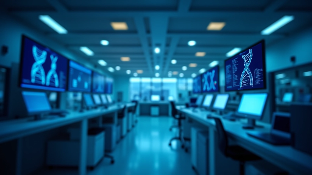 Modern laboratuvarda bilgisayar monitörleri, biyoteknoloji cihazları ve araştırma ortamı