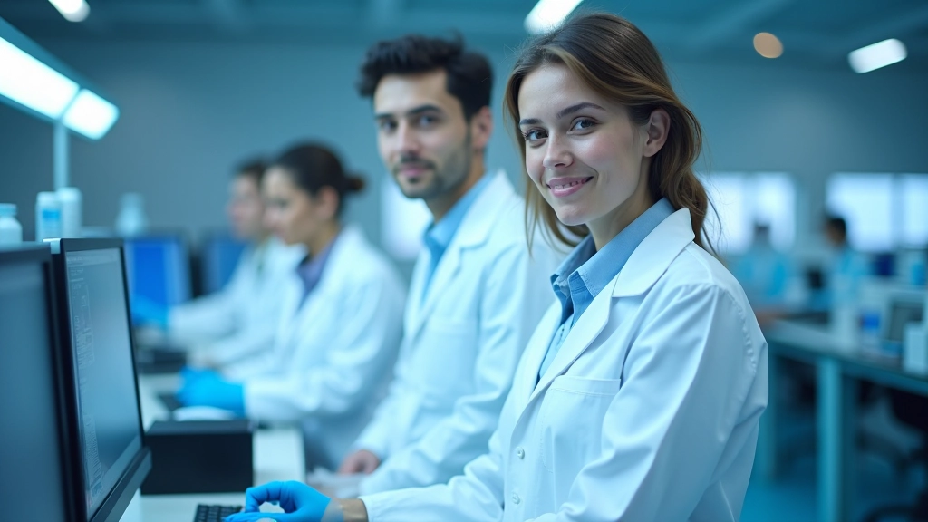 Üniversite araştırma laboratuvarında genetik harita üzerinde çalışan bilim insanları ekibi, modern ekipmanlar ve bilgisayar monitörleri